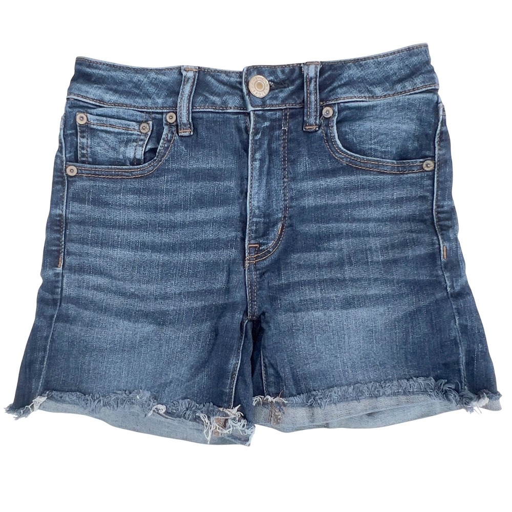 American Eagle‎ Hi Rise Midi Shorts Dark Wash Raw Hem Stretch Size 2